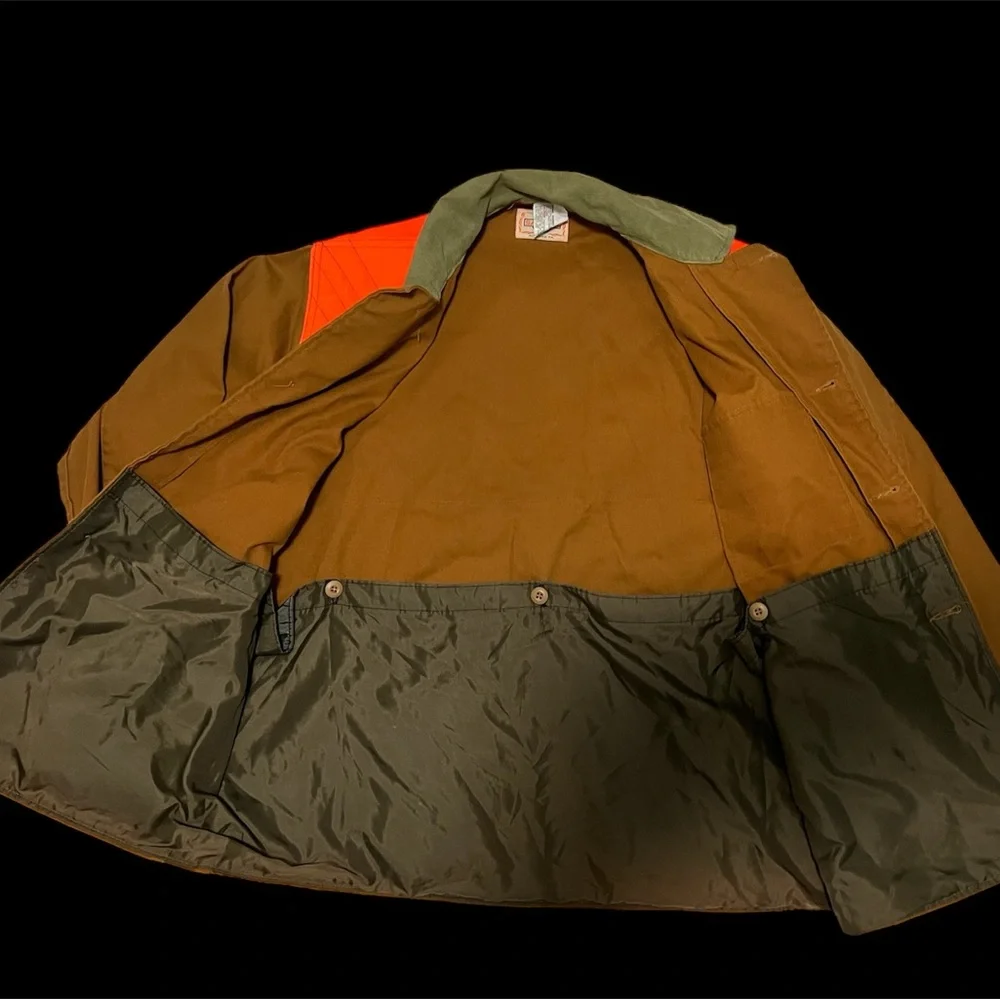 Vintage SAFTBAK Hunting Jacket Mens Large Brown Orange‎ Canvas Pockets Coat USA